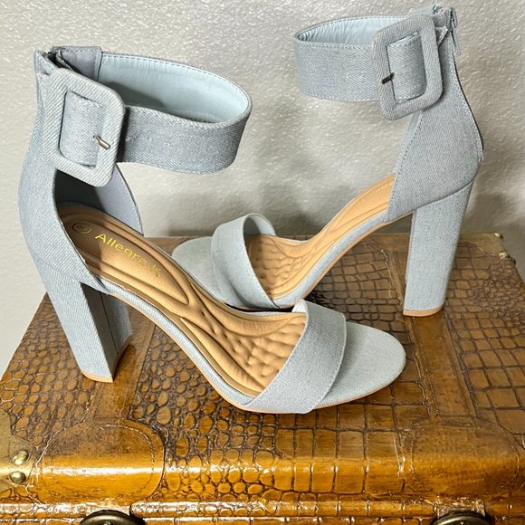 Allegra K Shoes - Allegra K Women's Ankle Strap Block High Heel Sandals in Denim Blue Size: 8